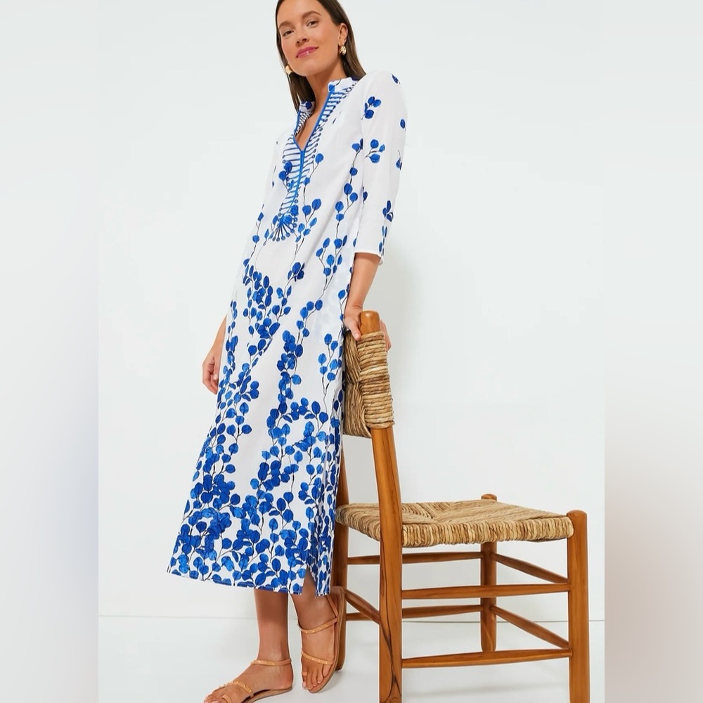 Ro’s Garden Leaf Blue Clorinda Long Kaftan XS